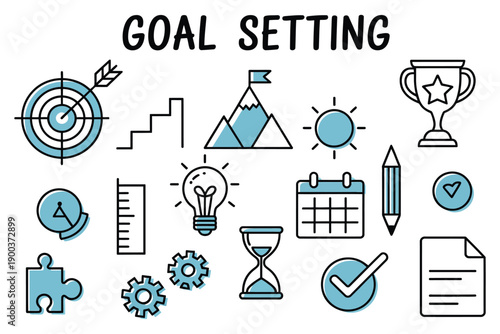 Goal Setting Doodle Illustration – Bullseye, Arrow Hit, Roadmap, Steps and Flag Vector.