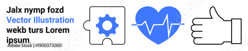 Collaboration, healthcare, monitoring, teamwork, efficiency, productivity. A puzzle piece with a gear, a heartbeat within a heart and a thumbs-up icon. Collaboration and healthcare concepts