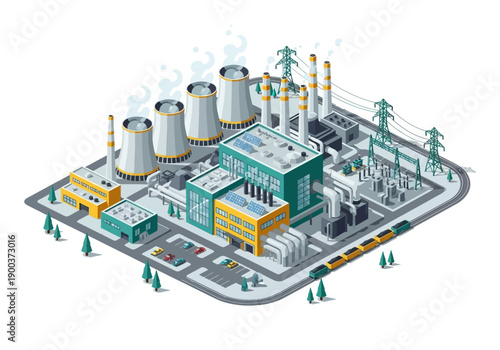 Modern industrial power plant facility with cooling towers and electric grid infrastructure