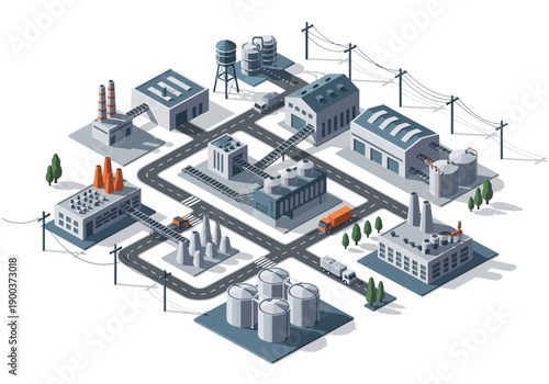 Industrial complex with various factories and infrastructure, including power lines and transport routes