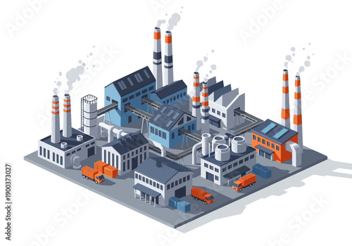 Industrial factory complex with multiple buildings, chimneys emitting smoke, and delivery trucks