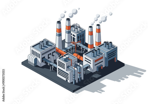Isometric industrial factory with smoking chimneys, a complex structure of buildings and pipes, conveying manufacturing and energy production
