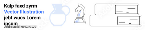 Education, strategy, creativity, literature, abstract shapes, modern icons. Chess piece, books and vase with text elements. Education and strategy concept with stylistic elements