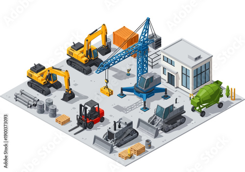 Isometric construction site with heavy machinery, vehicles, and buildings, symbolizing development and industry
