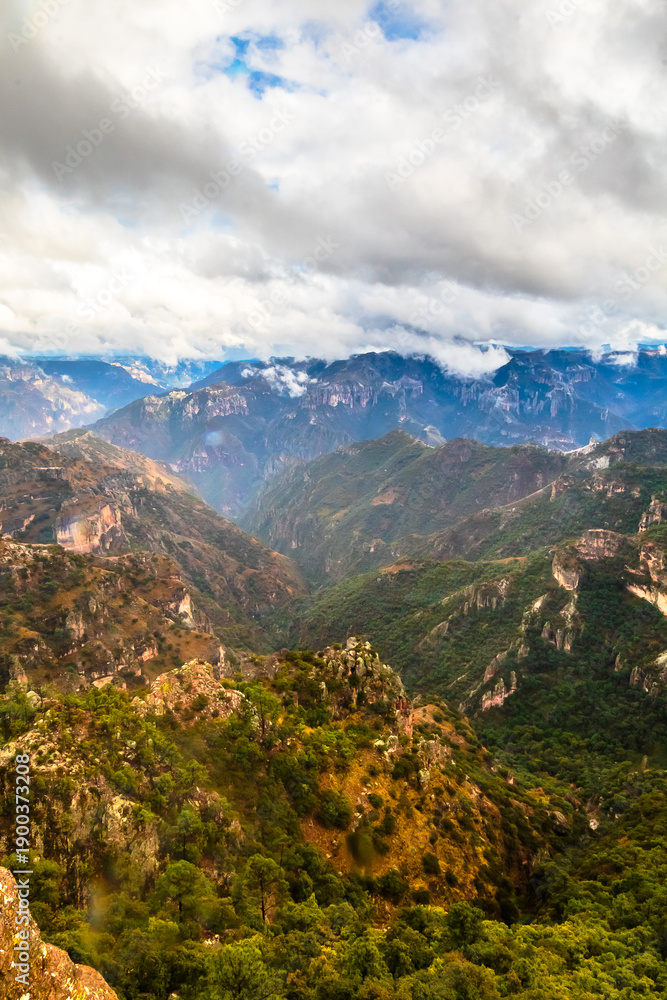 Obraz premium Copper Canyon in winter, mountains with clouds in Divisadero, Chihuahua, Mexico
