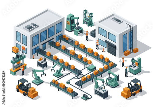 Automated factory production line with robots, conveyor belts, and forklifts in isometric view