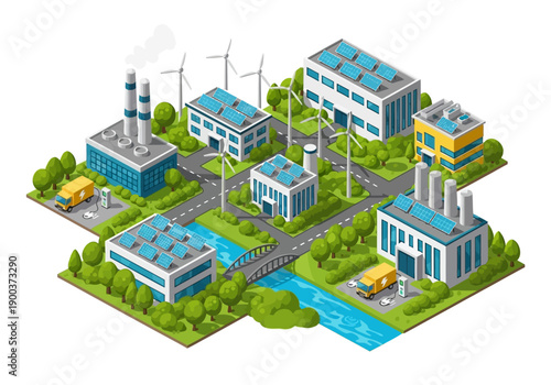 Sustainable energy grid powering modern buildings with solar panels and wind turbines in a clean city environment