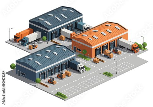 Isometric view of a logistics and distribution center with trucks and forklifts, illustrating industrial warehousing and transport operations