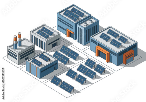 Industrial solar energy plant powering multiple factory buildings with photovoltaic panels on roofs and in ground arrays