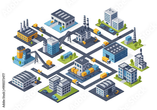 Industrial park isometric illustration showing factories, warehouses, and office buildings connected by roads and transport