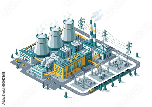 Modern industrial power plant with cooling towers and transmission lines, conceptual illustration