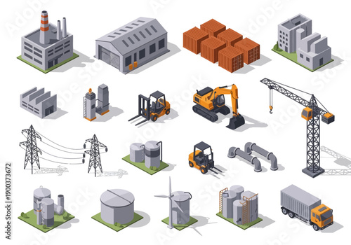 Isometric vector set of industrial buildings, construction equipment, and power infrastructure