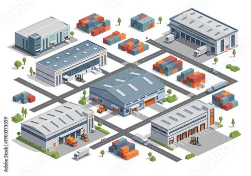 Isometric industrial park with warehouses, trucks, and shipping containers