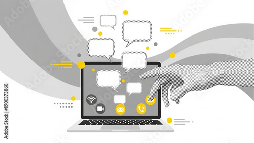 Halftone hand touching laptop with digital icons and speech bubbles