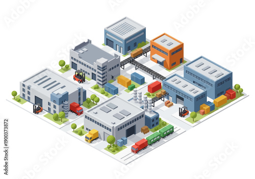 Industrial park with buildings, vehicles, and loading docks, isometric view