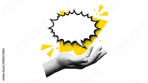 A hand holding a blank comic speech bubble with dynamic yellow explosion effect halftone