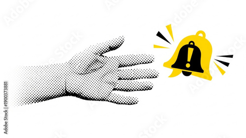 Hand reaching out to a notification bell with exclamation mark in halftone illustration