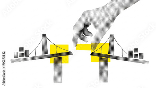 Hand connecting bridge sections on a suspended structure halftone illustration
