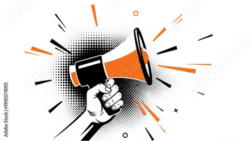 Hand holding megaphone making announcement with loudspeaker from hand viewpoint halftone illustration