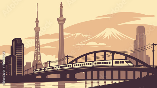 Tokyo skyline in sepia tone, with a passing train and cityscape in the background. Suitable for travel blogs or urbanthemed designs.