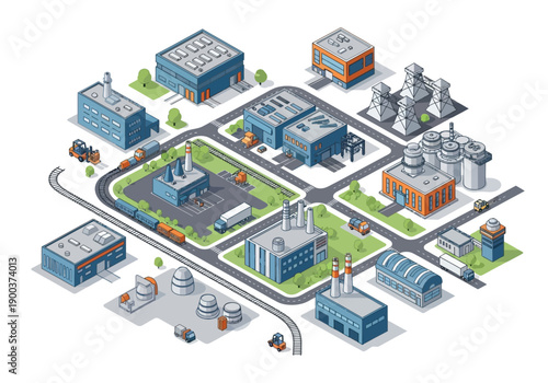 Industrial city illustration depicting various factories, warehouses, and production facilities with trucks and trains on roads and tracks