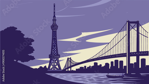 Tokyo skyline with tokyo skytree, a bridge, and city lights create an iconic urban panorama. Ideal for travel brochures and website banners.
