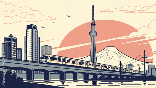 Captivating train journey showcases tokyo skyline near mount fuji, perfect for travel blogs, tourism websites, and japanthemed presentations.