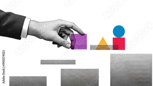 Halftone businessman arranging colorful blocks strategy concept