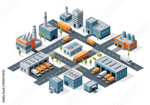 Isometric industrial and logistics city with trucks and buildings