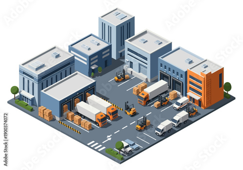 Logistics Hub with Trucks and Forklifts Unloading Cargo at Warehouses