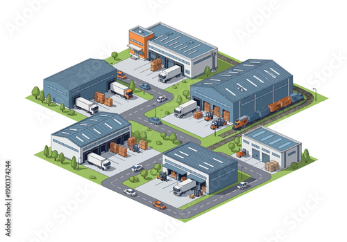Isometric logistics and distribution warehouses with trucks and loading docks