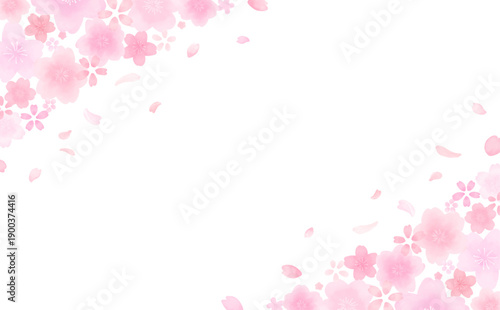 水彩風のかわいい桜の舞い散るフレーム_上下斜め_背景なし_横
