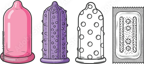 Condom Contraception Vector Illustration Set Showing Different Textures and Packaging in Clean Flat Style for Sexual Health Education and Medical Design