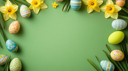 happy easter banner design daffodil flowers and colorful easter eggs on green background flat lay top view.image