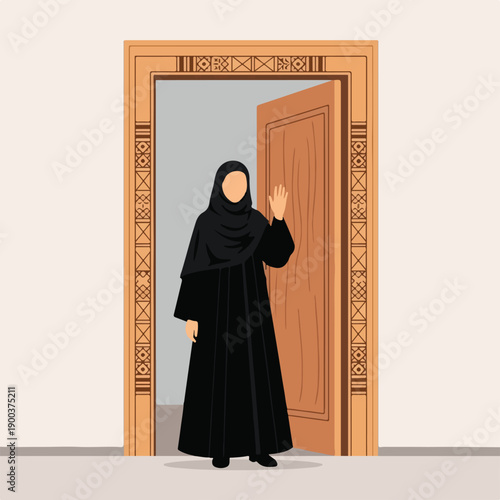 Woman in Black Abaya Standing in Open Doorway Waving Hand