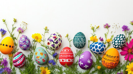 Festive Easter - themed border with a mix of brightly - colored, uniquely - patterned eggs and a variety of flowers on a clean white background. Perfect for adding an Easter touch to digital or print