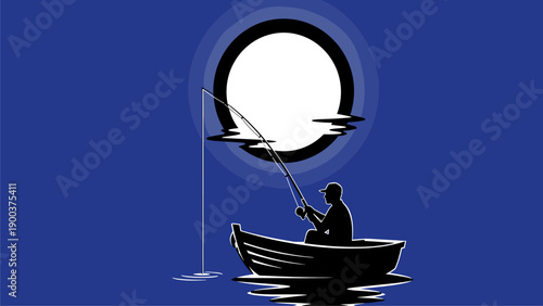 Night Fishing Silhouette: Man in Boat Under Full Moon on Calm Water