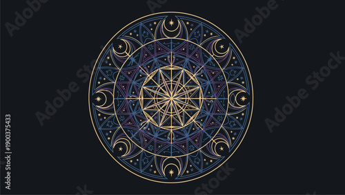 Golden Geometric Celestial Mandala with Stars and Moons on Dark Background