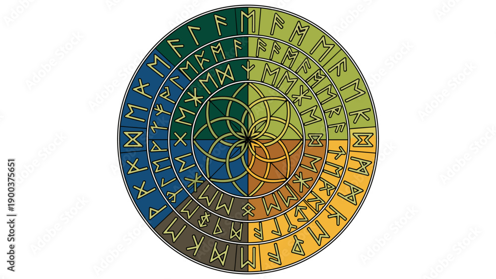Fototapeta premium Norse Runes Futhark Wheel with Celtic Knot Geometric Symbolism on White Background