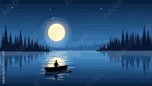 Serene Moonlit Lake at Night with Lone Boater and Forest Silhouette. Calm Water Reflection, Flat Design Illustration