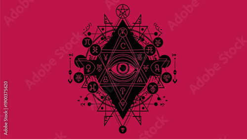 Mystical All-Seeing Eye with Sacred Geometry and Esoteric Symbols on Magenta Background