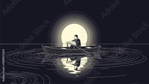 Solitary rower on tranquil water beneath a glowing moon, with reflections and concentric ripples. Minimalist monochrome illustration.