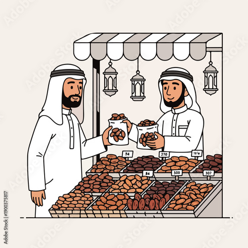 Men in Traditional Clothing Shopping at a Date Fruit Stall