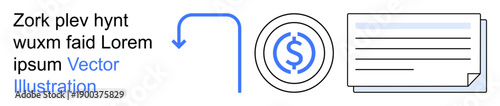 Currency exchange, online banking, financial transactions, digital payments, accounting, financial documentation. Dollar sign inside a circle, arrow and layered documents. Currency exchange