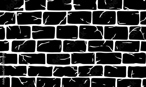 Hand drawn brick wall seamless pattern illustration. cracked textures background. black and white vintage wall.