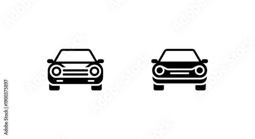 Minimalist vector illustration of a car icon from the front view in black outline and filled styles, representing transport and travel