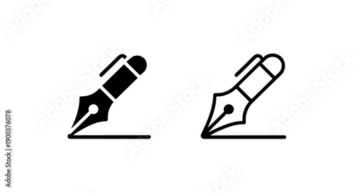 Fountain pen writing icon set, solid and outline styles for creative expression