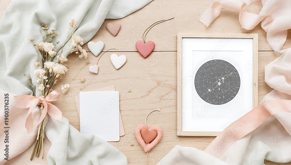 Obraz premium Romantic setup with star chart, hearts, and flowers on wooden table