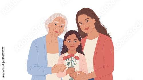Loving Three Generations of Women Together Holding Flowers, Celebrating Family Bonds and Cherished Moments of Intergenerational Connection and Support