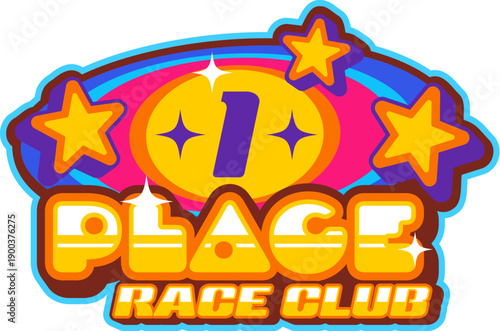 Auto race club competition Y2K retro icon or symbol. Formula 1 competition funky vector emblem, rally grand prix Y2K sign. Drag race motorsport symbol with first place golden typography and stars